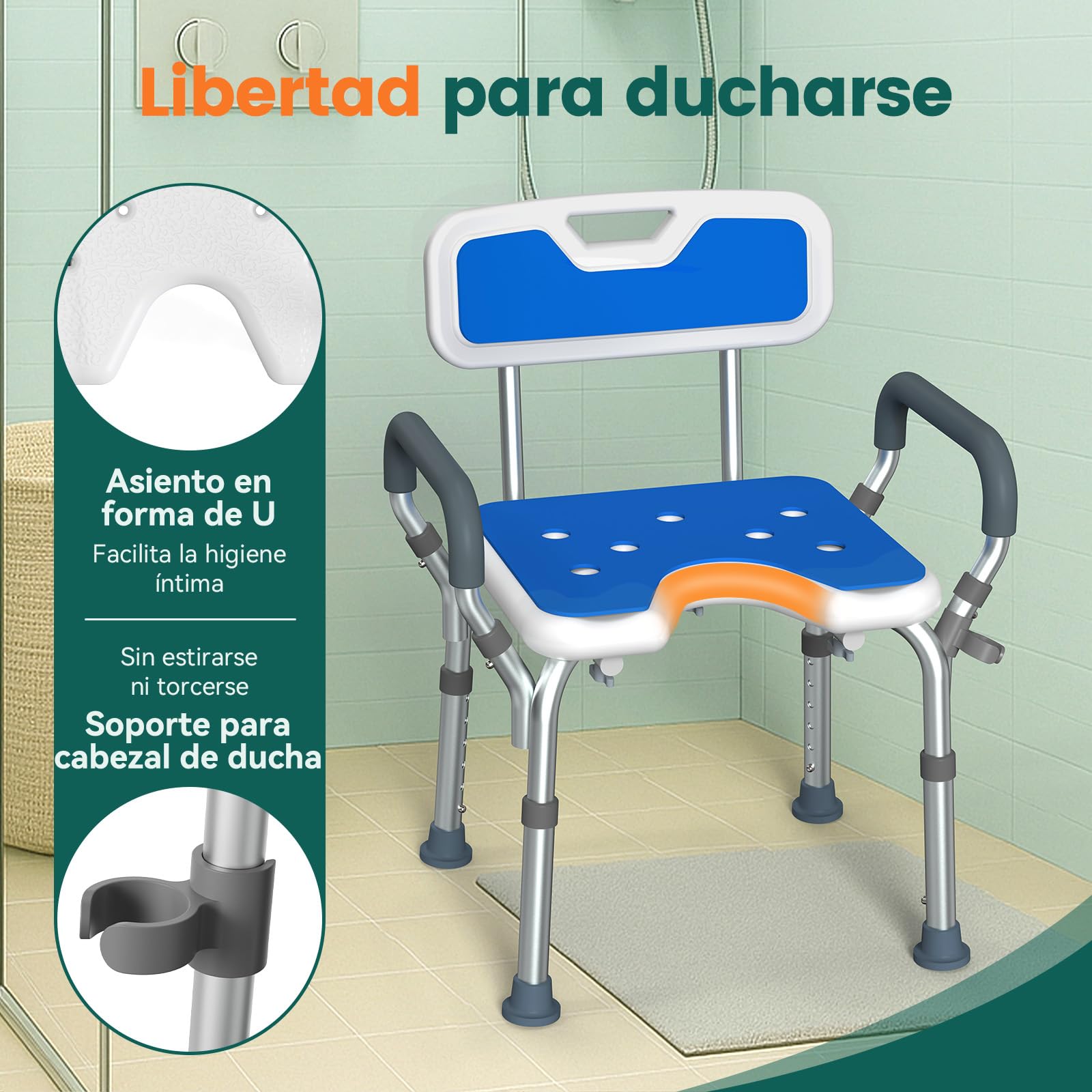 Silla de Ducha Ajustable con Reposabrazos – Asiento de Ducha Antideslizante en U con Respaldo y Reposabrazos Acolchados, Taburete de Baño Ligero para Personas Mayores y con Discapacidad