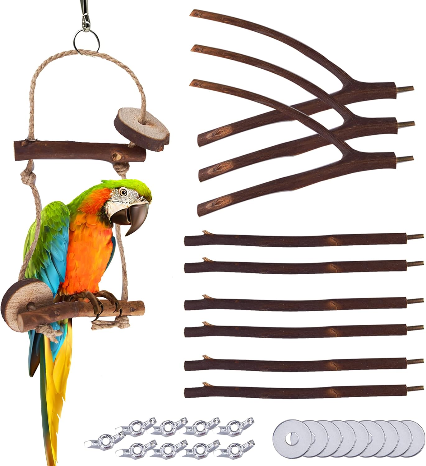 Bird Parrot Perch Stand Set 10 Pcs Natural Wood Fork Perch Rod Stand and 2 Pcs