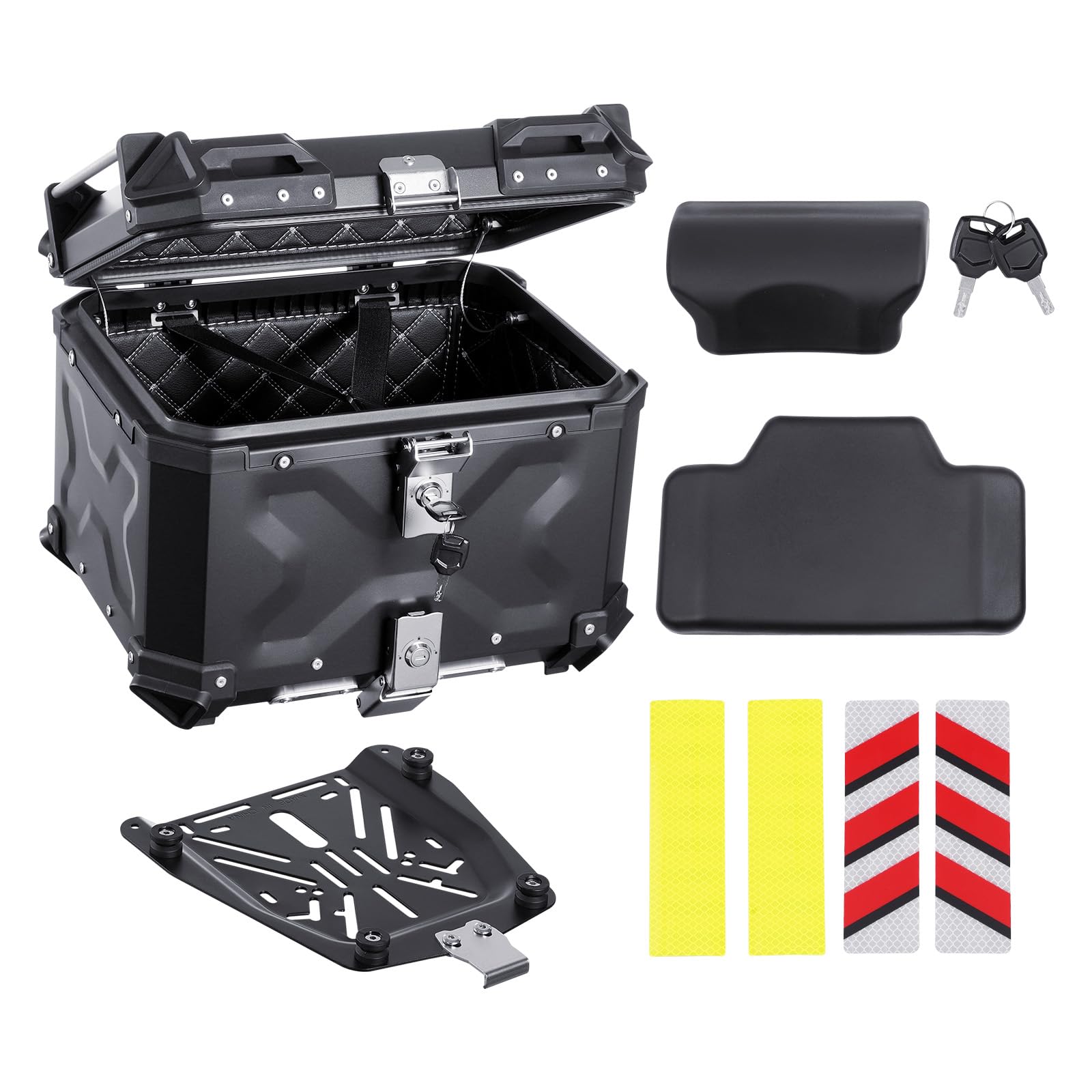Happybuy Motorbike Rear Case, All-Purpose Metal Motorcycle Trunk with Inner Leather Covering, 55L Rain-Resistant Removable Motorbike Rear Box with Secure Lock & Rear Padding