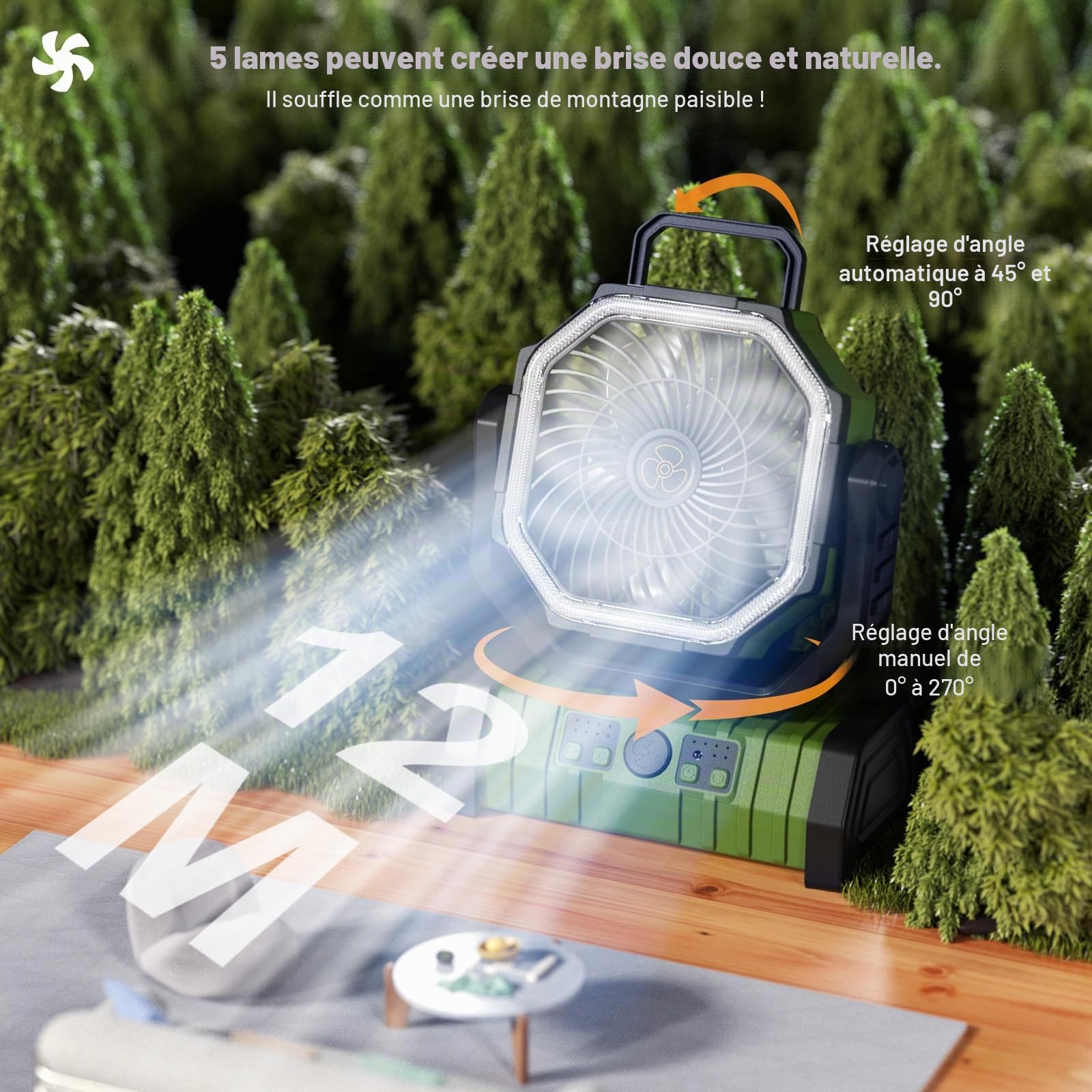 Ventilateur de Camping Portable avec Lumière LED, 4 Niveaux 20000 mAh avec Télécommande et Crochet Ventilateur de Table USB Silencieux pour Pêche, Pique-Nique, Barbecue, Randonnée