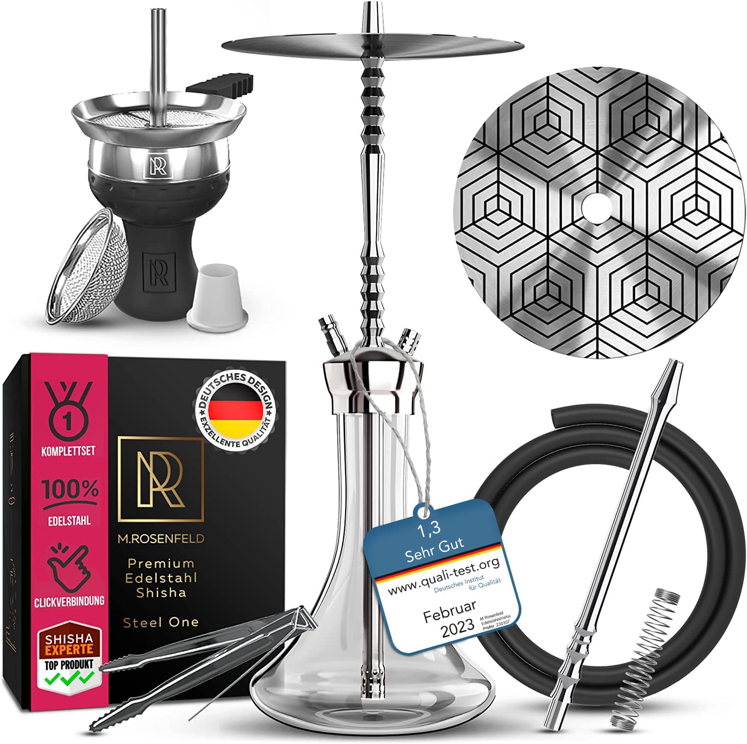 M. ROSENFELD Shisha de Acero Inoxidable V2A | Set Completo con Manguera y Cabezal | Hookah Premium con Cámara Cerrada y 1 Conexión (para 2 Mangueras) (Steel One)