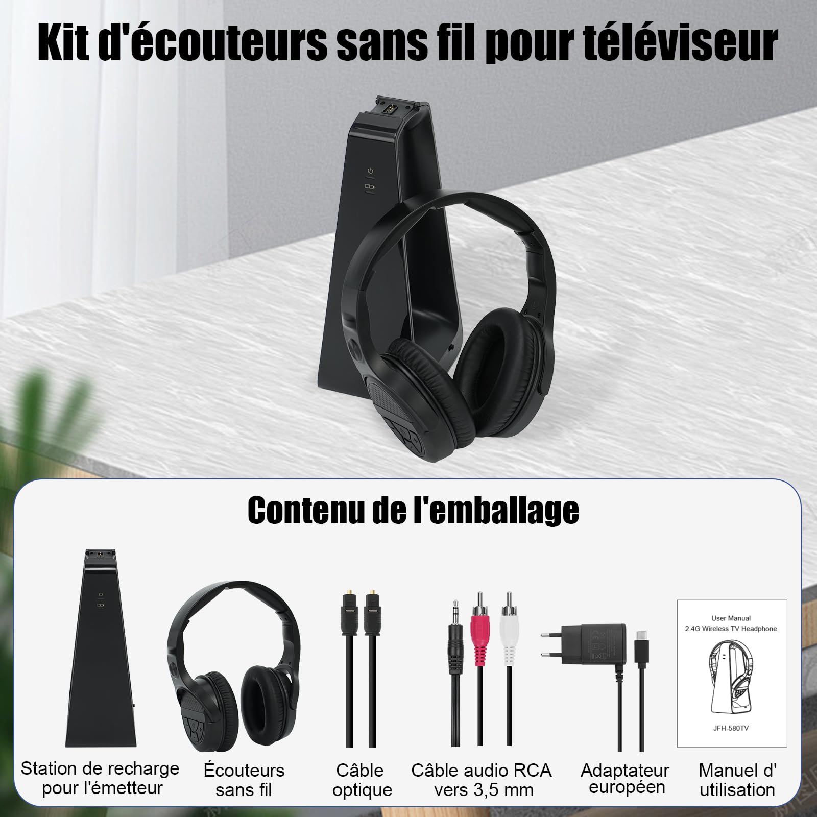 Casque TV sans Fil avec Base de Recharge, Casque sans Fil pour Regarder la Télévision, Gros Boutons de ContrôLe du Volume et Amplification du Son pour Les Personnes âGéEs, Casque LéGer et Confortable