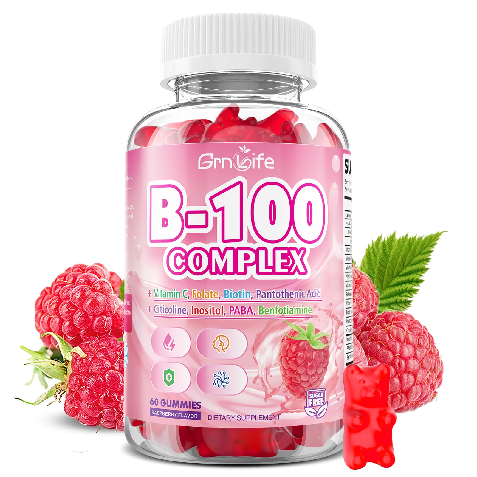 Vitamin B Complex Gummies, All B Vitamins + Methyl B12, B1, B2, B3, B5, B6, Biotin, Methylfolate, Vitamin C, Choline, Inositol, PABA for Energy & Immune Support, Raspberry Flavor, 60 Count 60 Count (Pack of 1)