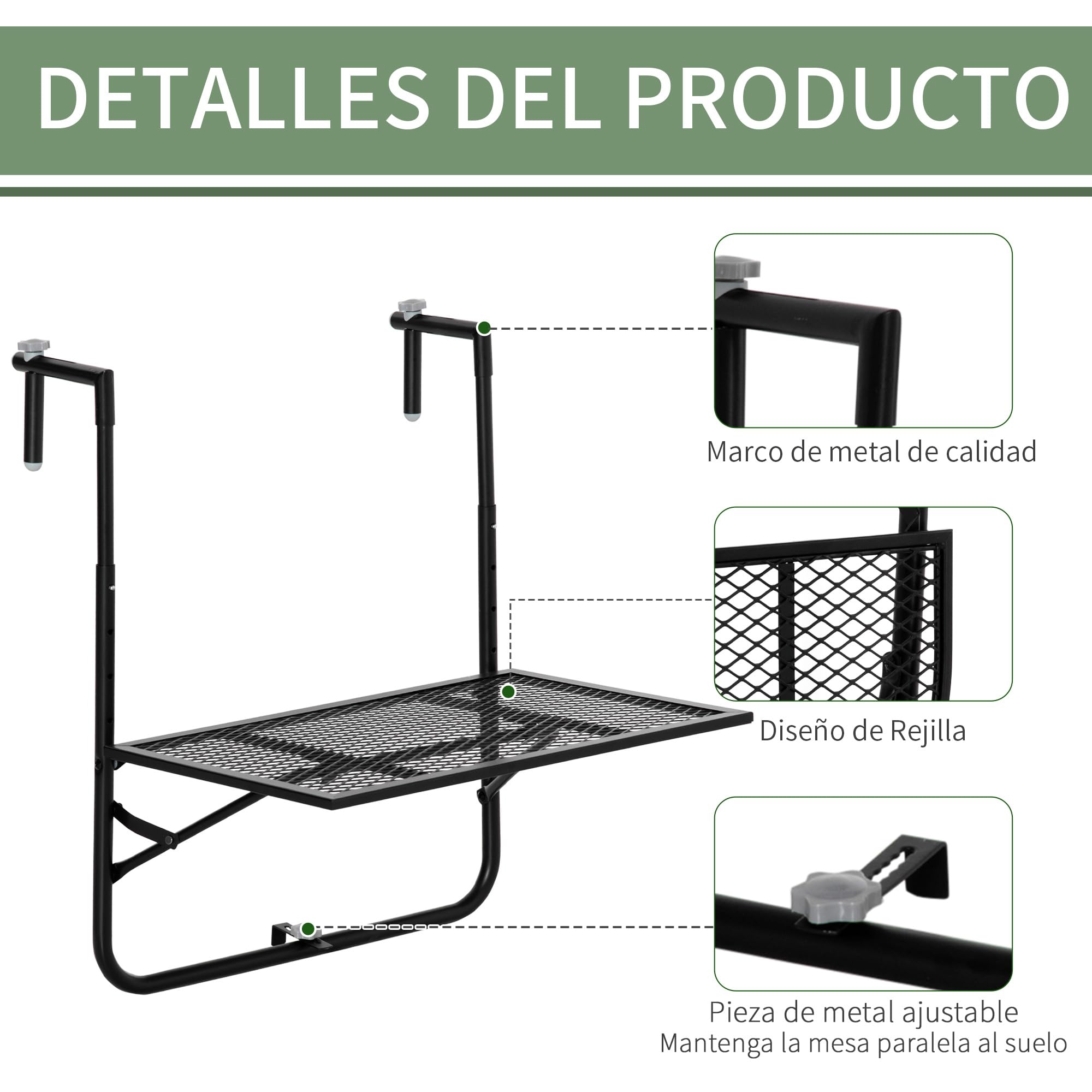 Outsunny Mesa Colgante de Balcón Plegable 60x60x57-72 cm Negro | De Metal para Barandilla, Altura Ajustable en 4 Niveles, Carga 10 kg, Terraza Jardín Exterior