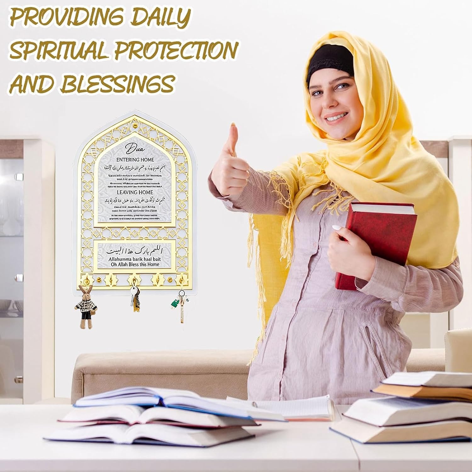 Hccloog Islamic Wall Art Ramadan Decorations, Key Holder for Wall, Exquisite Muslim Eid Gift, Dua for Entering and Leaving Home Mihrap Shape (Golden)
