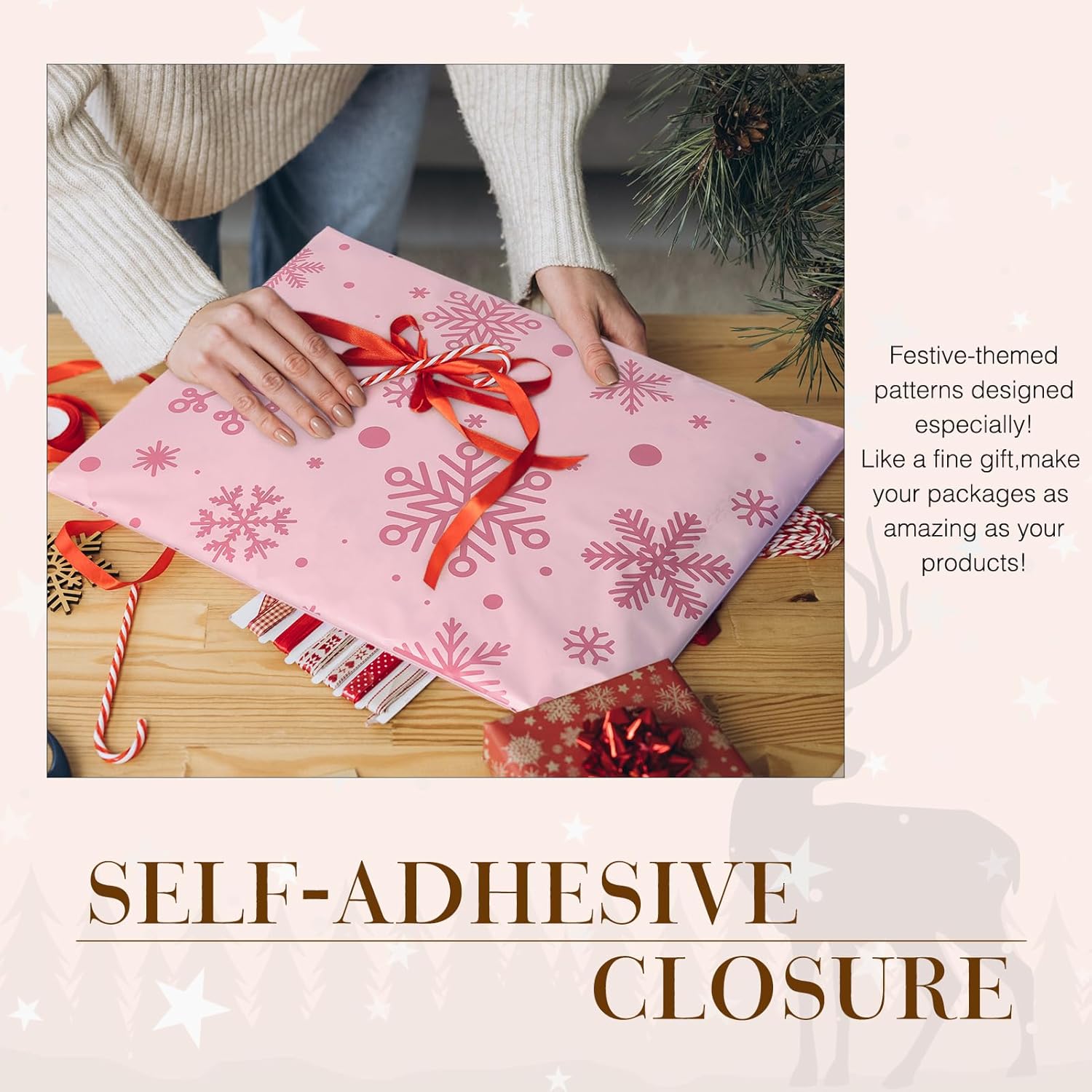 Metronic Cute Poly Mailers 14.5x19 50Pcs Shipping Bags for Clothes, Self Adhesive Snowflake Pink Shipping Envelopes for Small Business, Waterproof Packaging Mailing Bags for Holiday Gifts