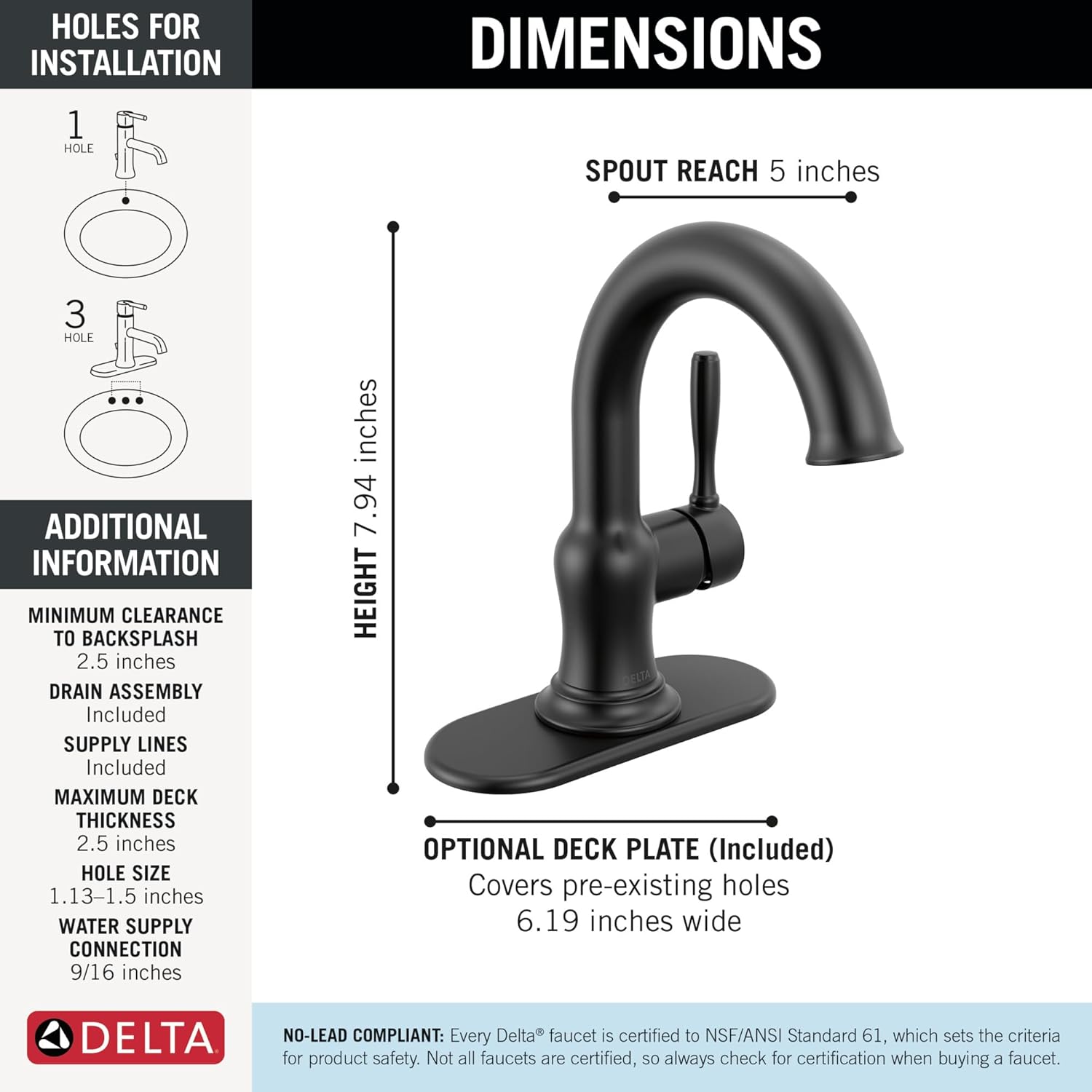 Delta Roe Matte Black Bathroom Faucet 1 Hole, Single Hole Bathroom Sink Faucet for Vanity, Push-Pop Drain Assembly, Matte Black 15985LF-BL