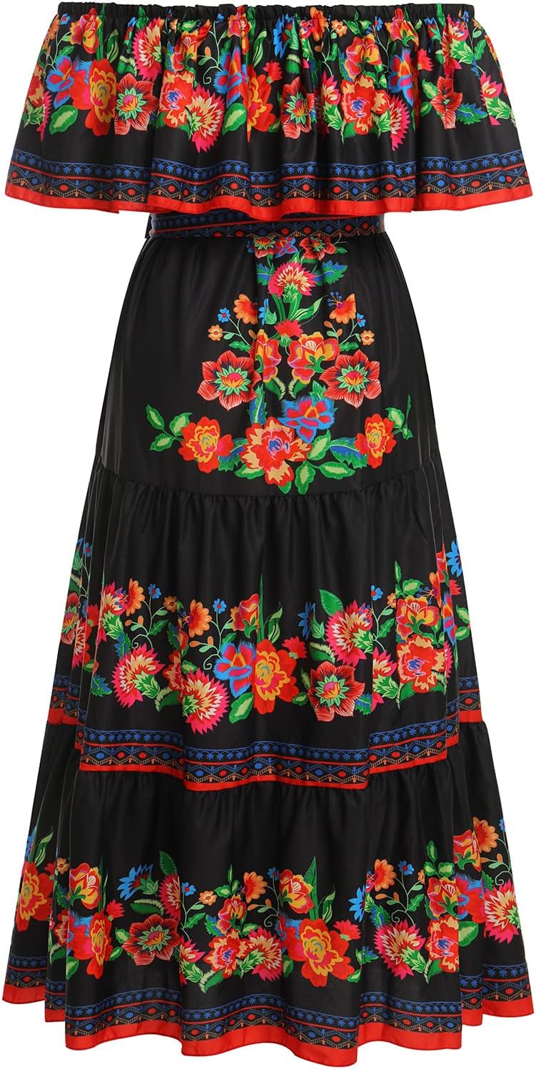 IMEKISWomen Mexican Dress Summer Floral Print Traditional Ethnic Wear Off Shoulder Beach Holiday Party Long Maxi Gowns
