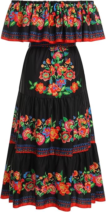 Mexican Dress for Women Off Shoulder Floral Print Long Maxi Dress Summer Cinco de Mayo Party Dresses with Belt Black XL