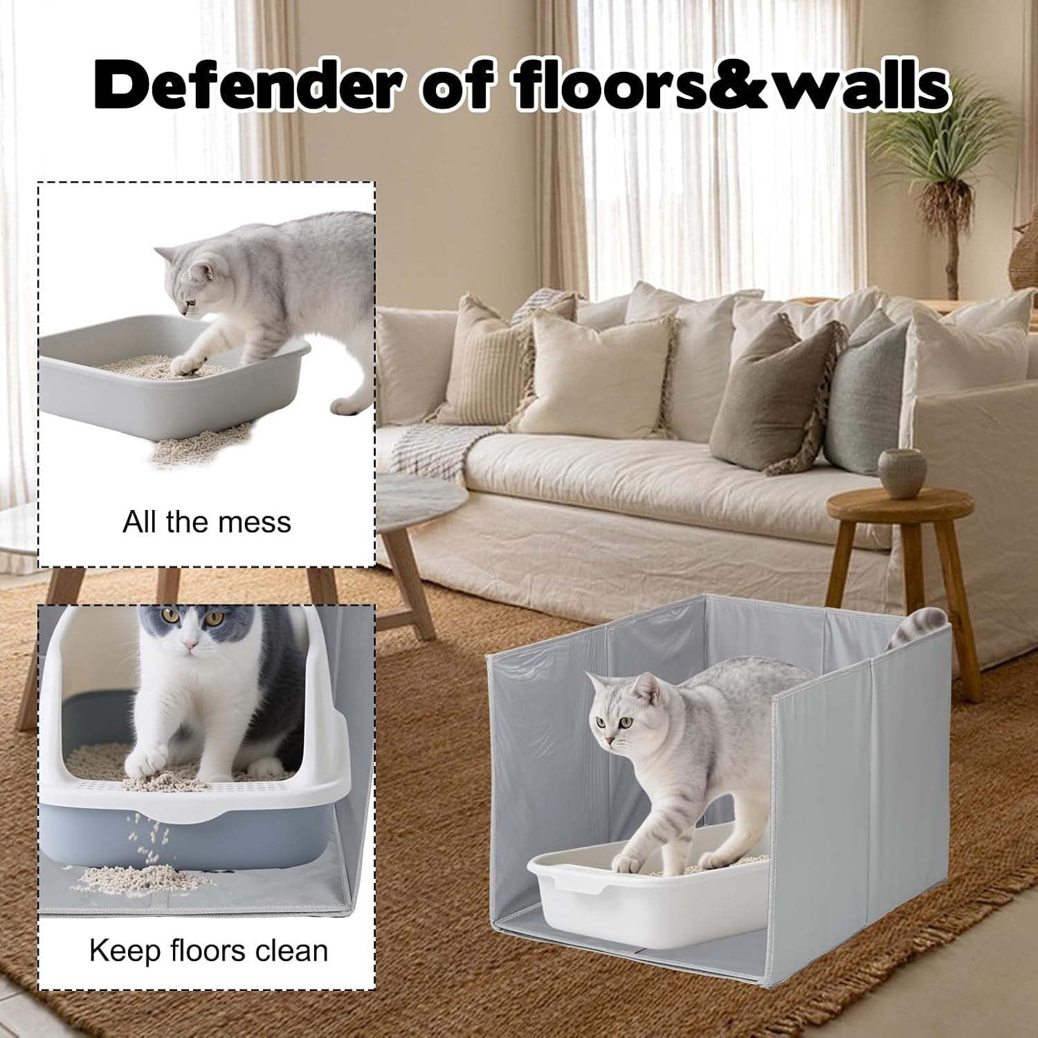 COODHI 28" L×20" W×17" H Cat Litter Box Enclosure Splash Guard with Removable Mat All-in-One Litter Box Splash Guard for Large Litter Pan High Sided Litter Box Shield for Keeping Litter Off Floor