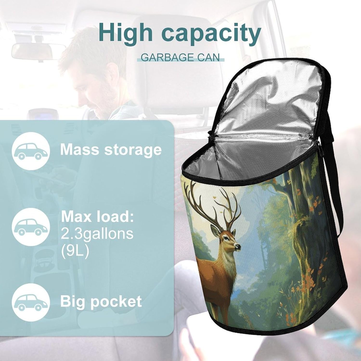 Hanging Car Trash Bag Deer Forest Printed Car Garbage Storage Bag Leakproof Car Trash Can Portable Garbage Storage Bags
