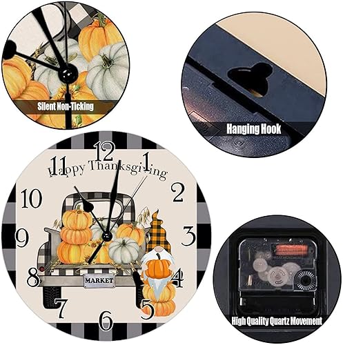 Miniatura 6 de Reloj de pared decorativo con diseño de calabaza de Acción de Gracias, gnomo a cuadros en blanco y negro, reloj de pared de madera, funciona con