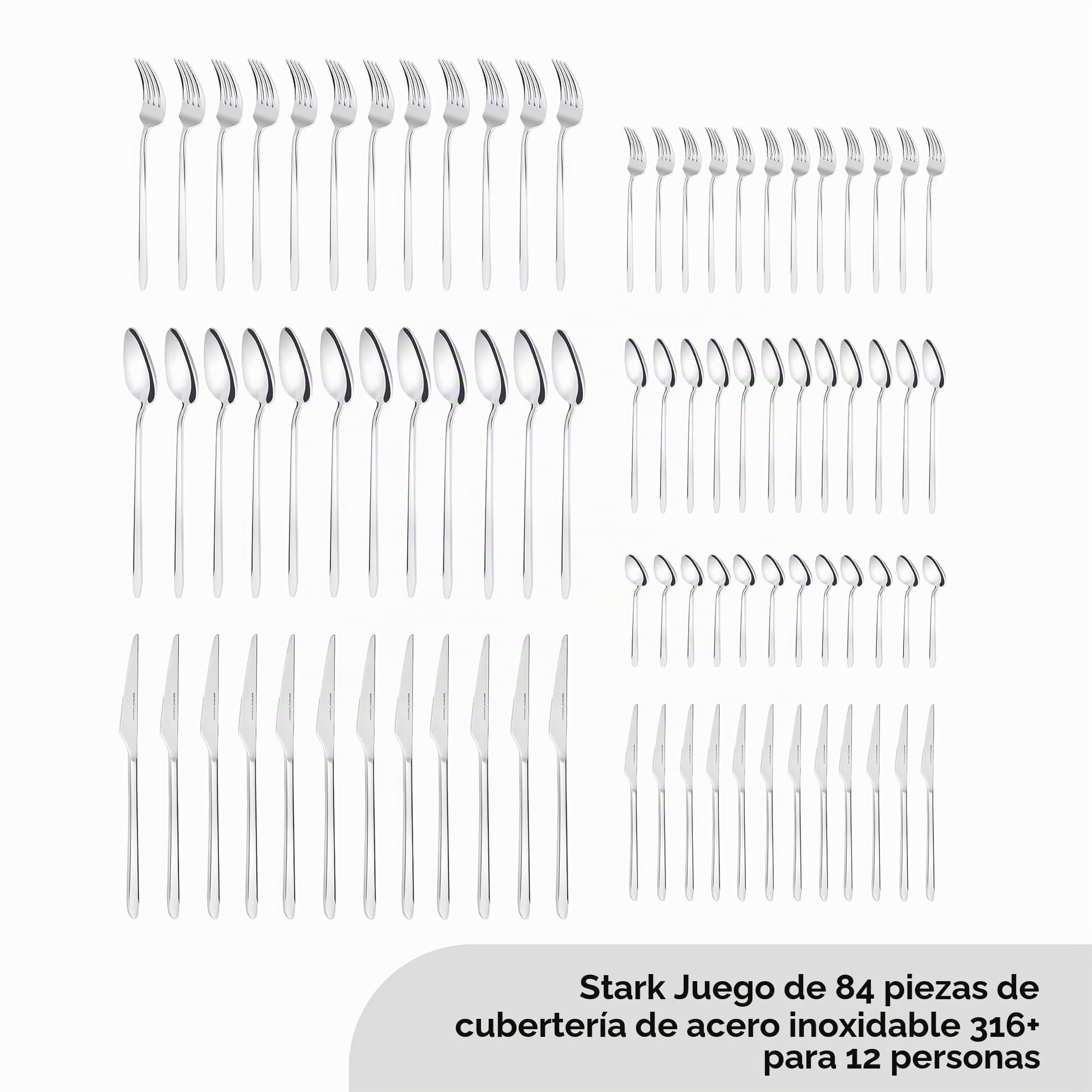 Karaca Stark 316+ - Juego de cubiertos prémium para 12 personas, 84 piezas, cuchara, resistente al óxido, de larga duración, resistente a la corrosión, apto para lavavajillas, cubiertos para servir,