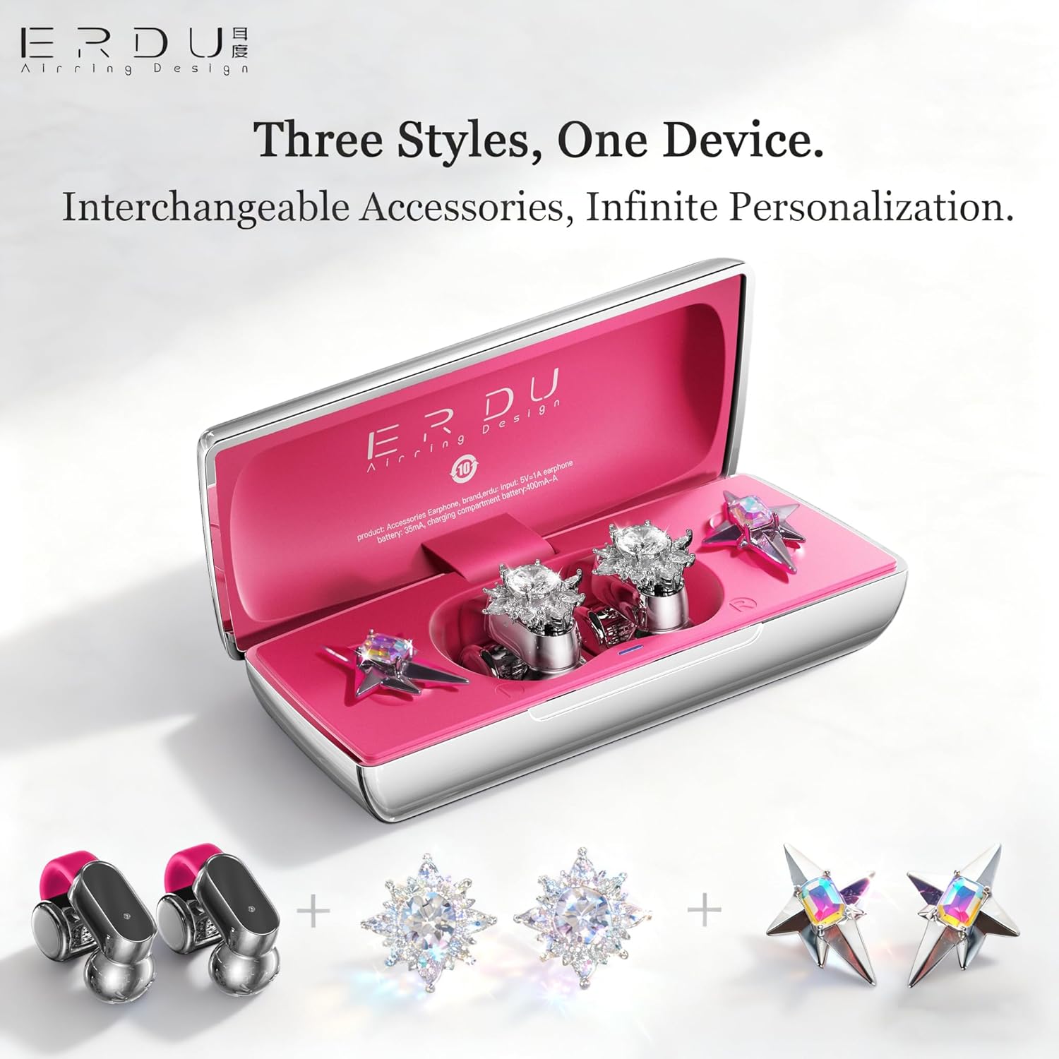 Jewelry Open Ear Clip-on Earbuds, Starry Ear Cuff Wireless Headphones, 30H Playtime, Bluetooth 6.0 Earring Earphones for Women, 2 Pairs Interchangeable Magnetic Crystals