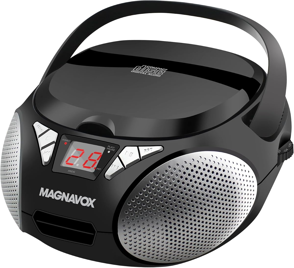 Magnavox Portable Top Loading CD Boombox with AM/FM Stereo Radio in Black | CD-R/CD-RW Compatible | LED Display | AUX Input | Programmable CD Player | 1.6 watts of Audio