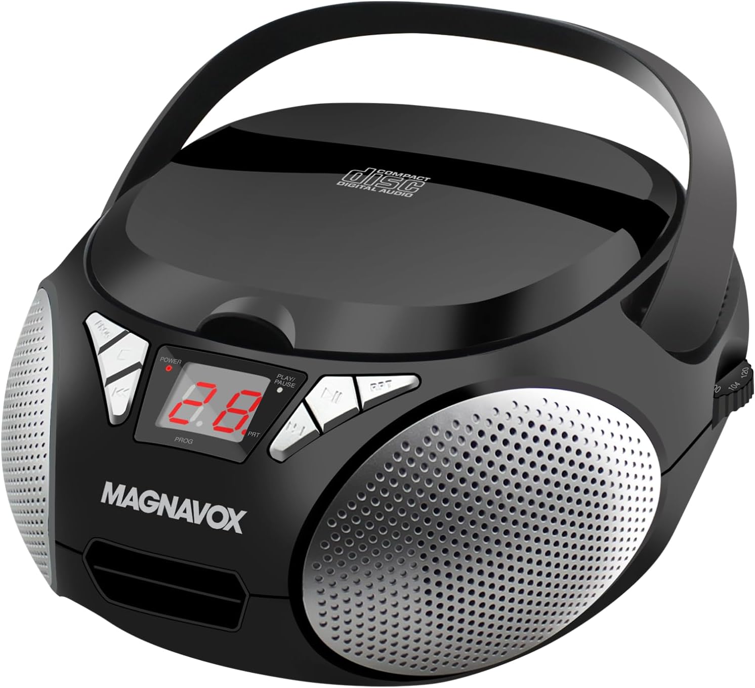 Magnavox Portable Top Loading CD Boombox with AM/FM Stereo Radio in Black | CD-R/CD-RW Compatible | LED Display | AUX Input | Programmable CD Player | 1.6 watts of Audio
