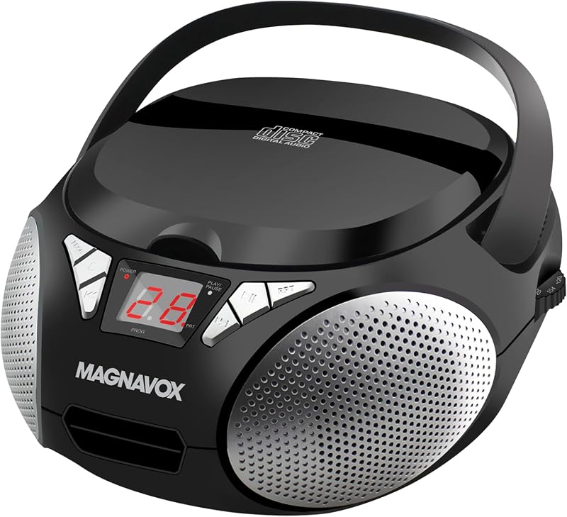 Magnavox Portable Top Loading CD Boombox with AM/FM Stereo Radio in Black | CD-R/CD-RW Compatible | LED Display | AUX Input | Programmable CD Player | 1.6 watts of Audio
