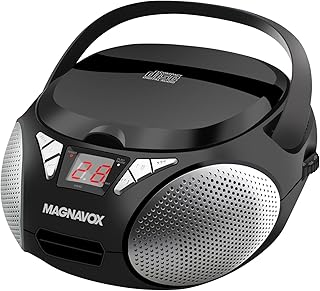 Magnavox MD6924 Portable Top Loading CD Boombox with AM/FM Stereo Radio in Black | CD-R/CD-RW Compatible | LED Display | AUX Input | Programmable CD Player | 1.6 watts of Audio