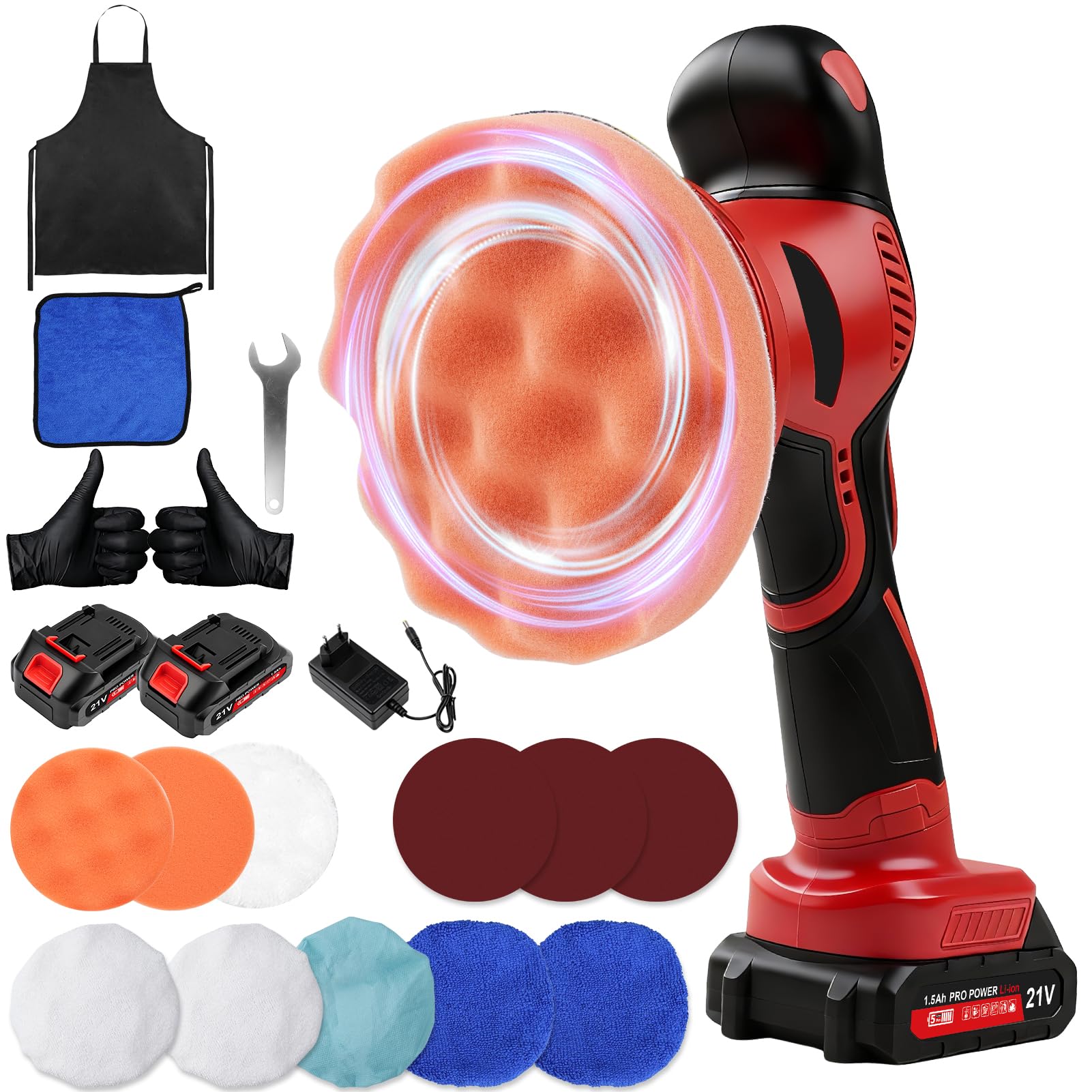 Pulidora Coche Inalámbrica, 150 mm Pulidora Orbital Coche, 8 Velocidades Kit Pulido Coche con 2x21 V 1500mAh Baterías, 2600–5800 RPM para Cuidado del Coche, Encerado, Pulido y Elimina Arañazos