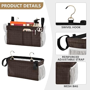 Bedside Storage Organizer Dark Brown Weaving Plaid Pattern Storage Bag Dorm Bed for Headboards Bunk Beds Dorm Rooms Organizer Caddy mesa para litera