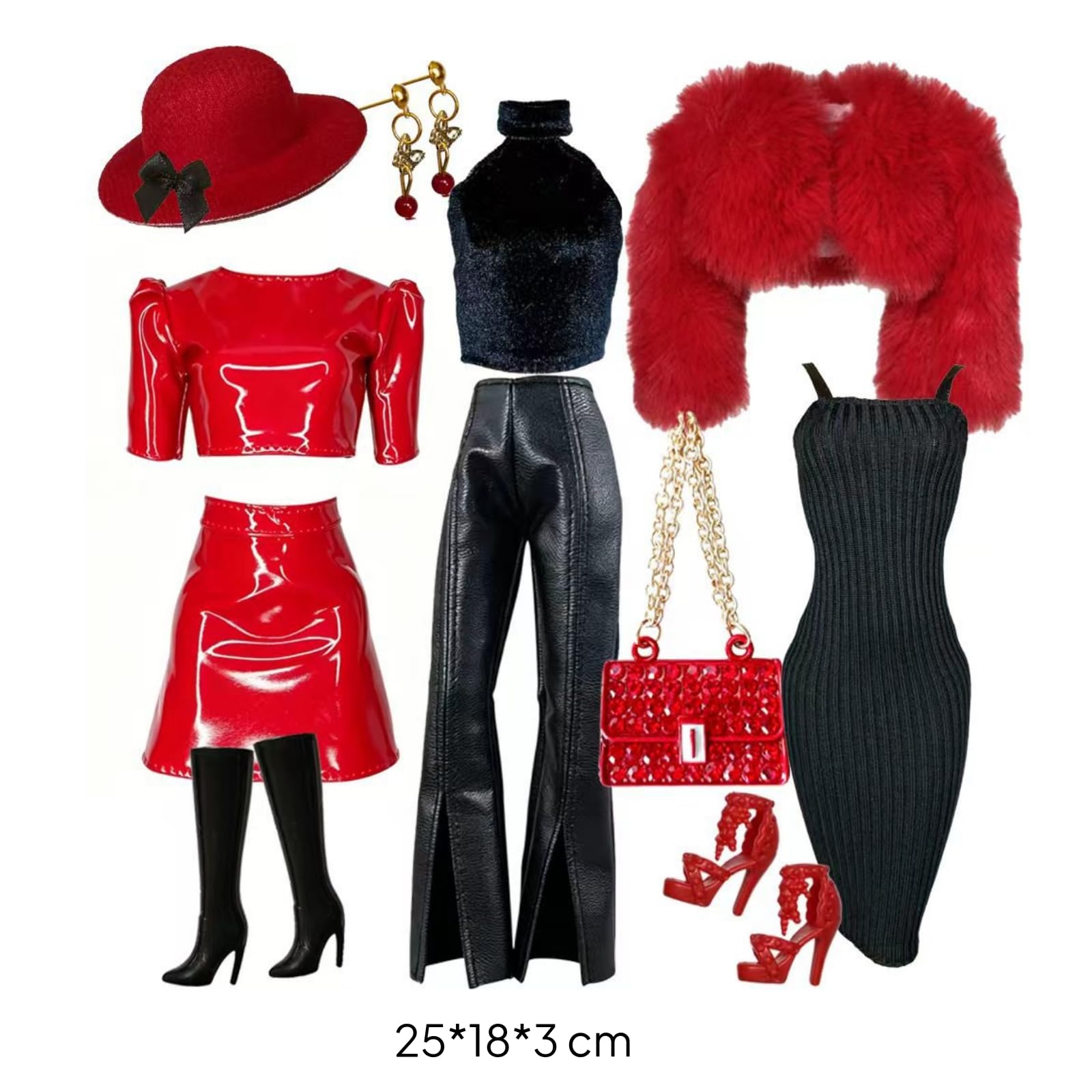 perfeclan Conjunto de Ropa para Muñeca BJD Miniatura Vestido Traje Accesorios Tela con Terminaciones Finas y Elementos Combinados Mejora la Escenografía de , Rojo, Negro