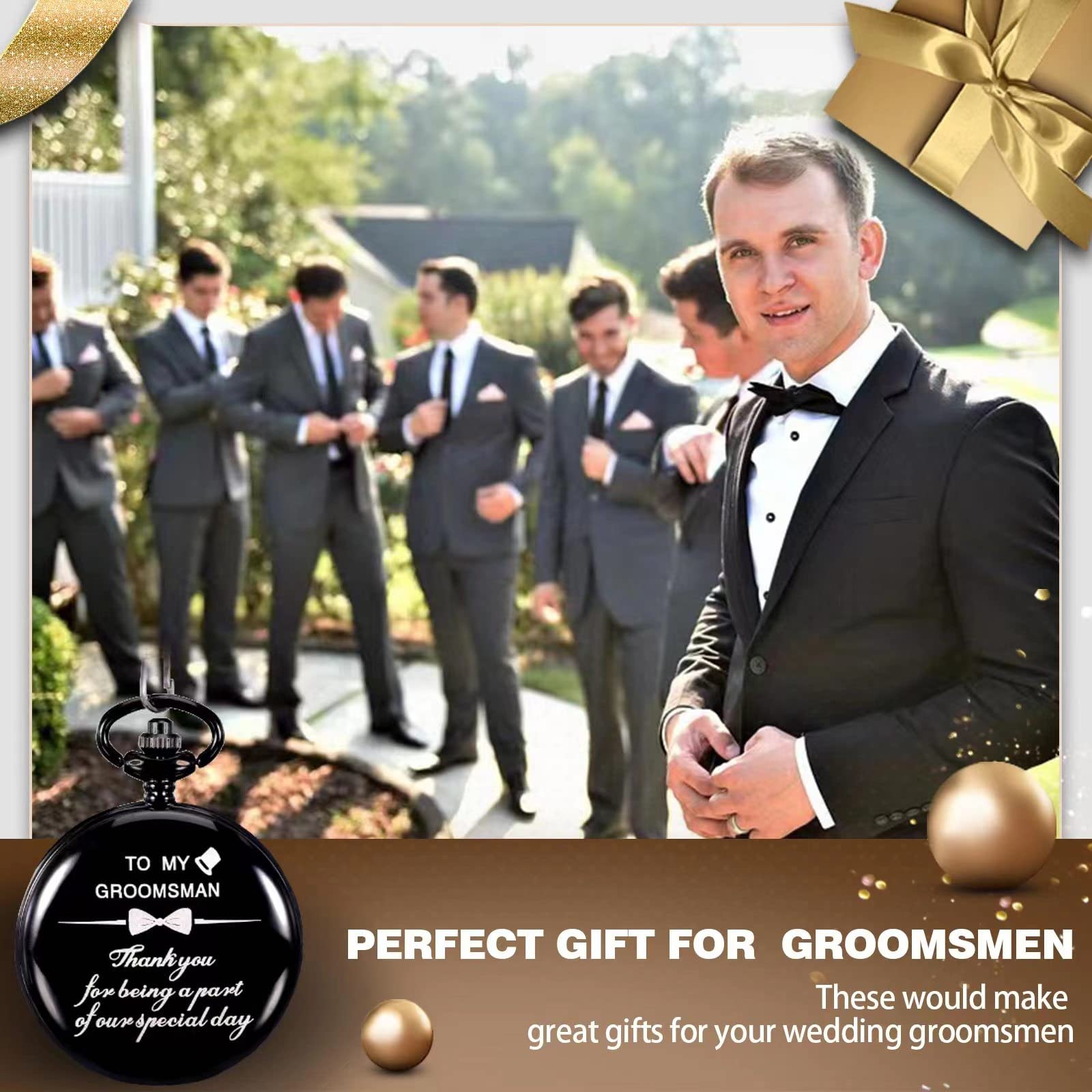 4 Pcs Groomsman Gifts for Wedding Groomsmen Engraved Pocket Watch Best Man Proposal Gifts Roman Numerals Quartz Pocket Watch Wedding Gifts with Chain for Groomsman Best Man