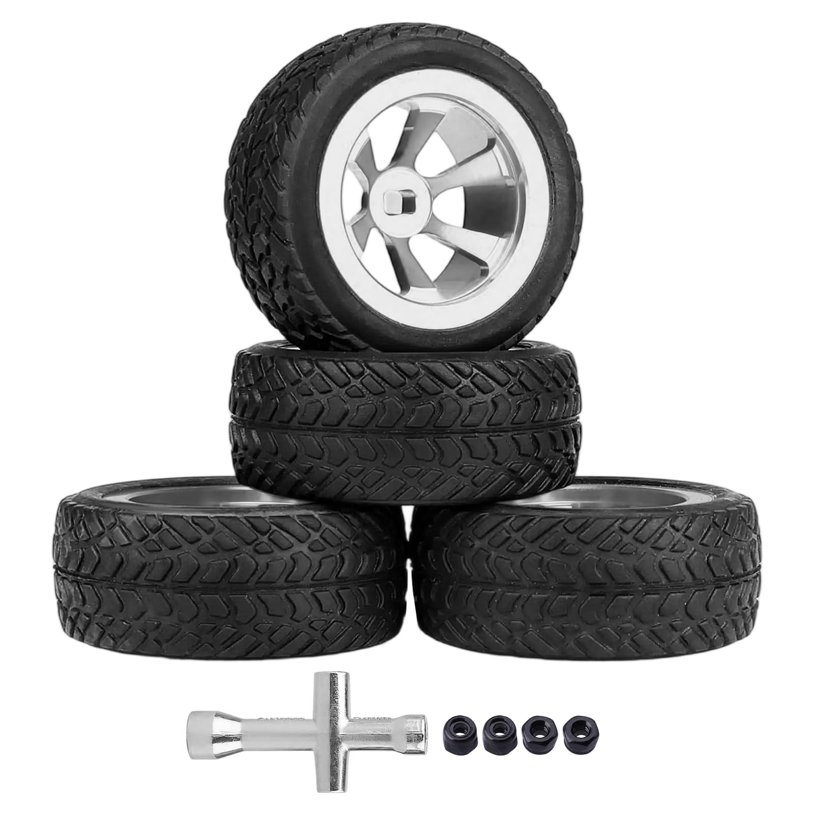 AllinRC RC Tires and Wheel Rims Pre-glued Compatible with WLtoys K969 K989 P929 1/28 RC Drift Racing Car Off Road Buggy (Silver)