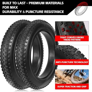 20x4 E-Bike Fat Tire, Puncture Protection, High Grip All-Terrain Tires with Tubes, Tire Levers & Liners for MTB/E-Bike/Tricycle/Folding Bikes, Tread Design, for Snow/Sand/Off-Road/Street