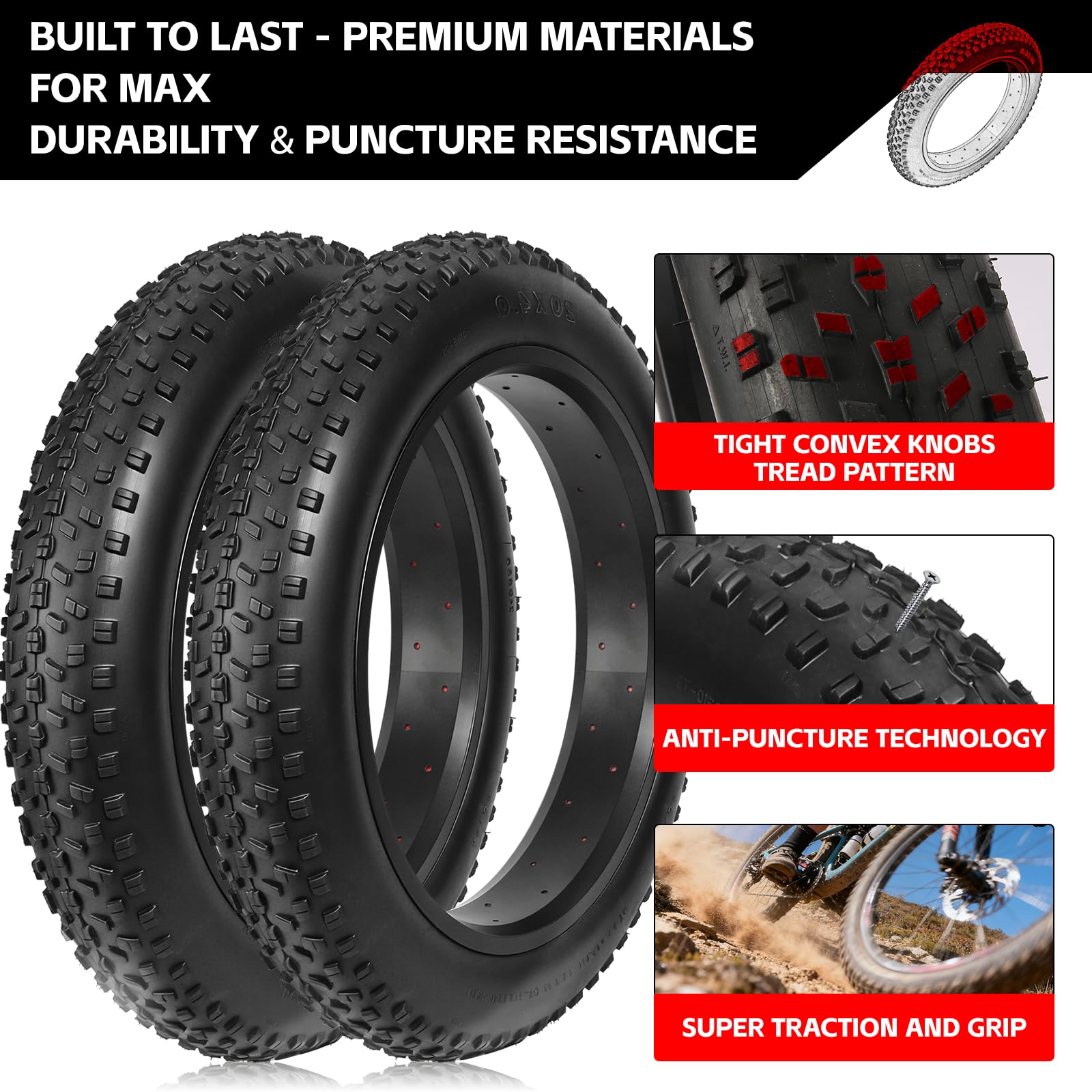 Neumático grueso de bicicleta de 20 x 4, protección contra pinchazos, neumáticos todo terreno de alto agarre con tubos, palancas de neumáticos y forros para MTB/E-Bike/triciclo/bicicletas plegables