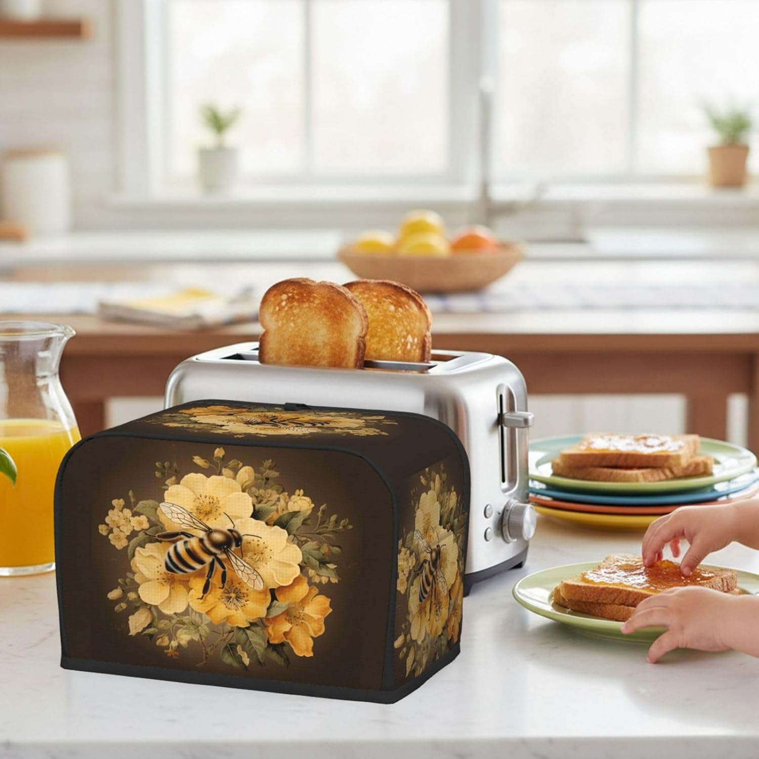 Vintage Bee Yellow Floral 2 Slice Toaster Cover, Waterproof & Dust-proof Kitchen Appliance Protector Bread Maker Dust Cover Decorative Toaster Sleeve for Home Kitchen Dining Room