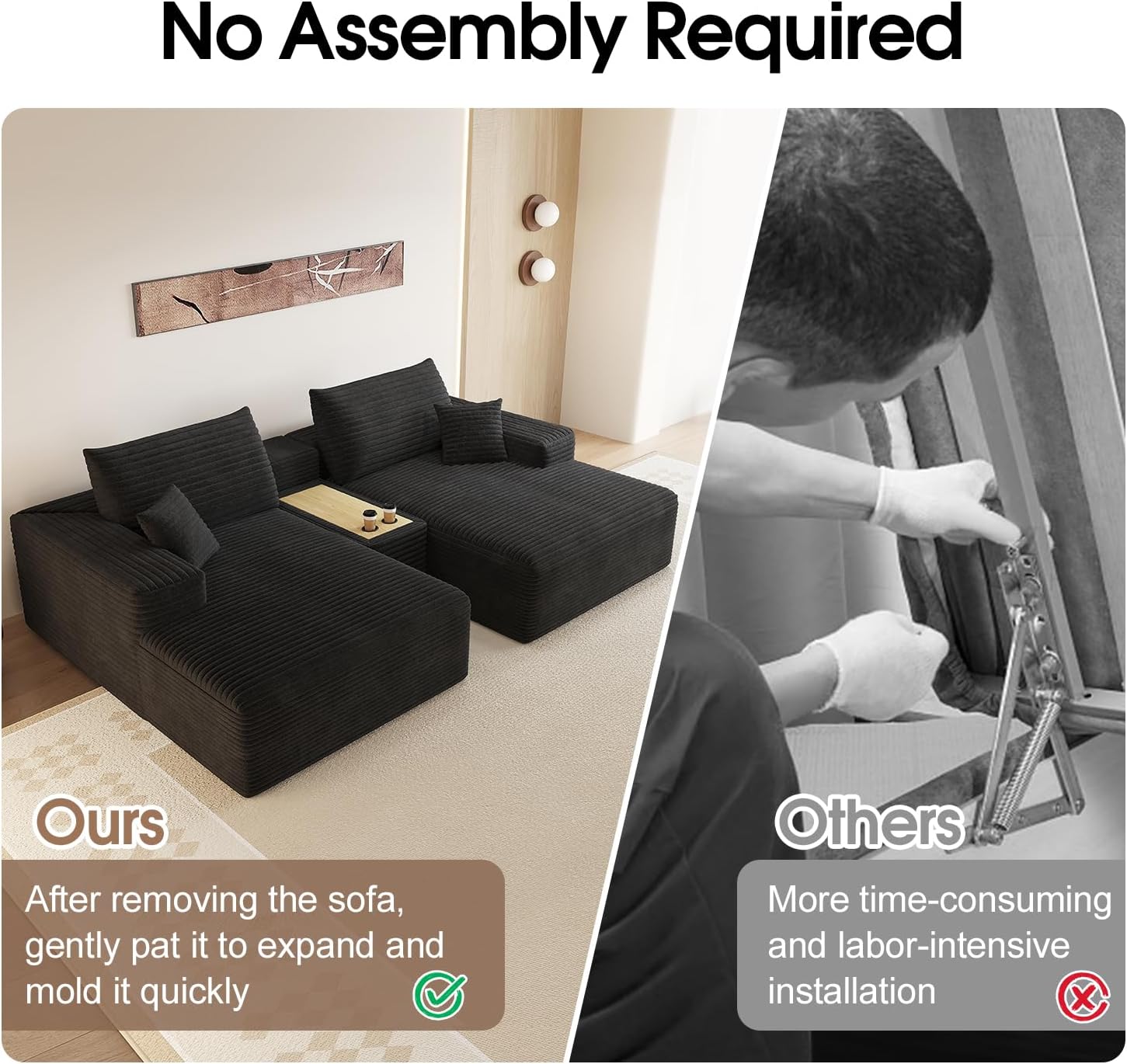 91''Oversized Double Lounge Chaise Sofa Bed with Side Table, Boneless Cloud Couch Deep Seat, No Assembly Required, Modern Corduroy Sleeper Loveseat Chair for Living Room Bedroom Reading(Black)