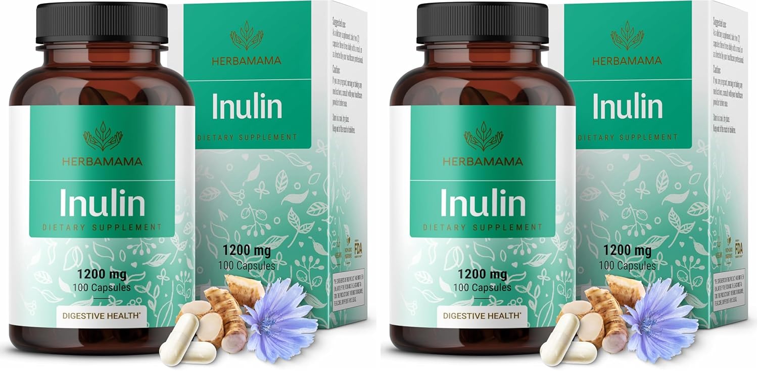 HERBAMAMA Inulin Powder Capsules 1200mg - Digestive Support & Gut Cleanse with Inulin Prebiotic Fiber - Vegan, Non-GMO Chicory Root Powder Supplement (Pack of 2)
