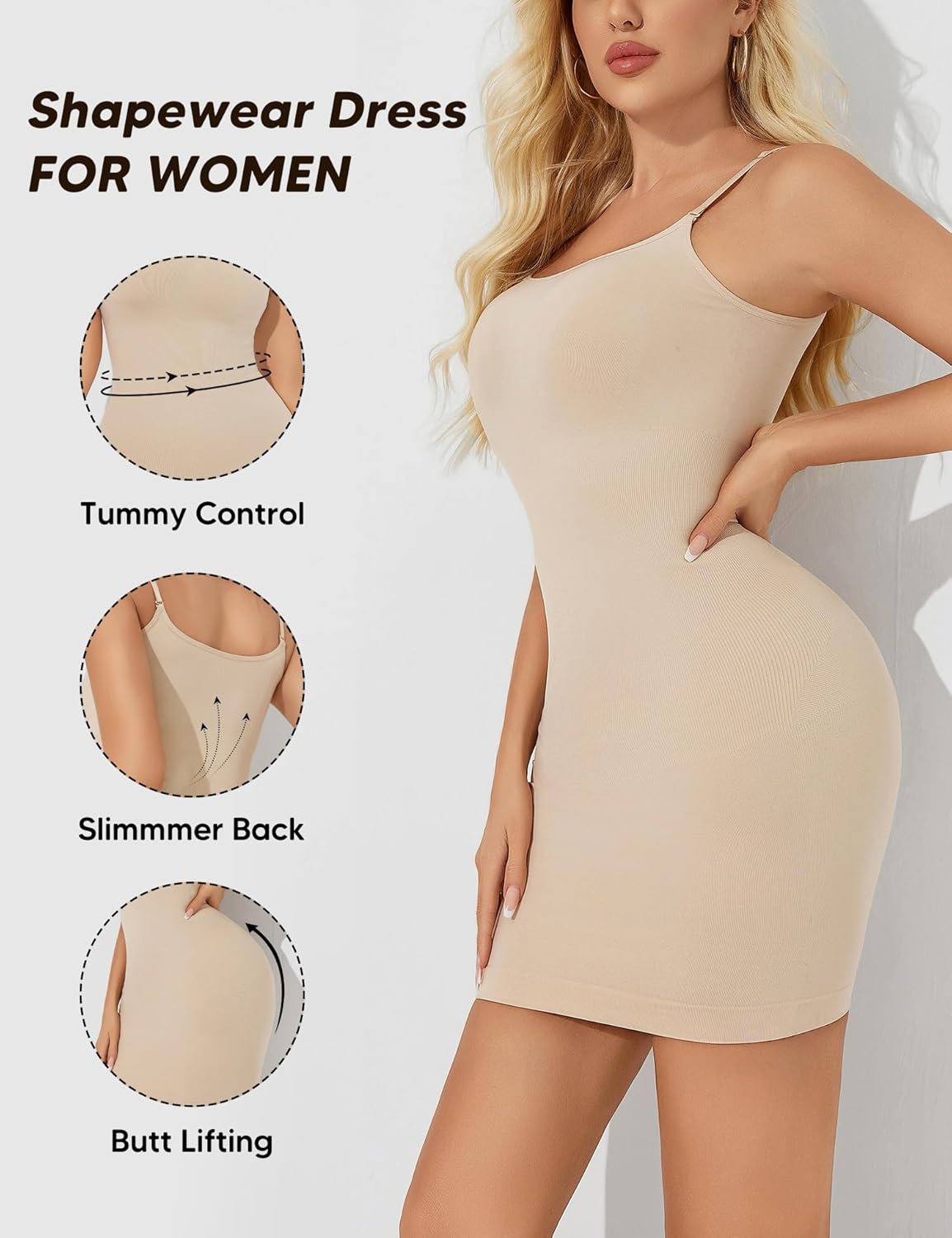 Shapewear Dress Full Slip for Women Summer Casual Club Dress Body Shaper Tummy Control Spaghetti Straps - Image 5