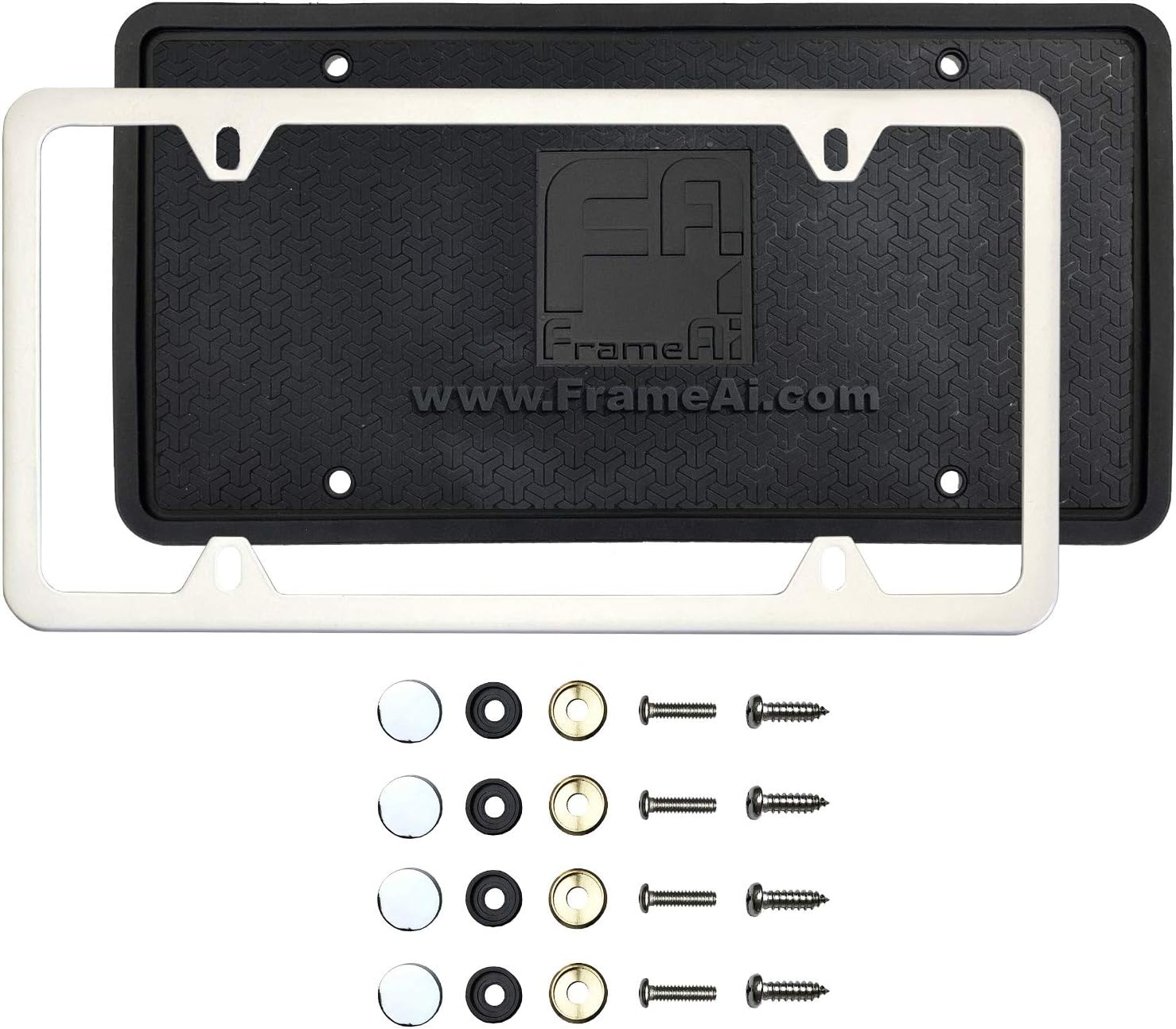 Silicone Back Guard Four Holes Slim License Plate Holder Matte Flat White License Plate Frame T304 Stainless Steel + Metal Screw Caps