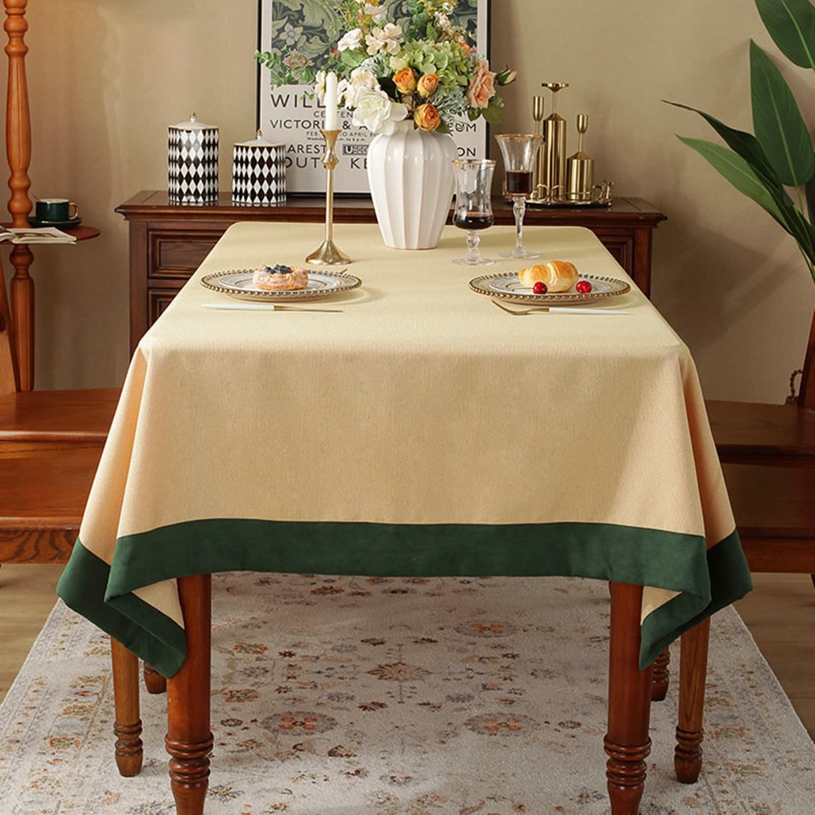 Rechteckige Tischdecke 110x170 cm, Polyester Tischtuch Abwaschbar Einfarbig mit Grün Rand Tischwäsche für Outdoor Party Küche, Gelb