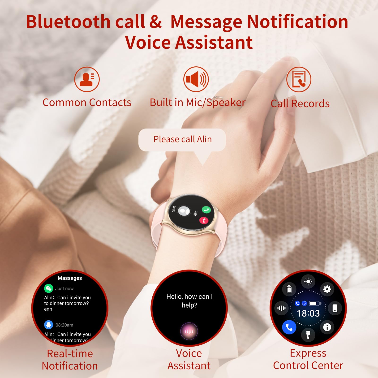 Smartwatch voor dames en heren, 1,43 inch HD AMOLED smartwatch met