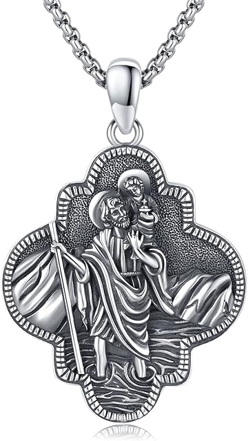 St Christopher Necklace for Men Women 925 Sterling Silver Saint Christophers Medal Protection Pendant Necklace Catholic Religious Jewellery Christmas Gift for Boyfriend Husband with 22" Chain