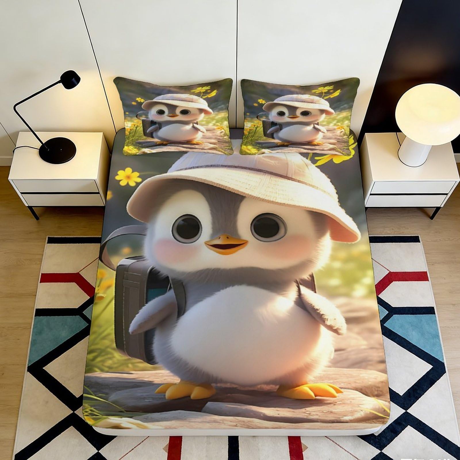 3D Printed Cute Penguin Fitted Sheet Microfiber Cartoon Animal Bed Sheet Anti-Slip Protection for Bedroom Guest Room Decor 90x200x25cm