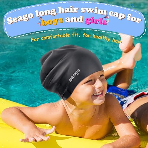 Miniatura 7 de Seago Gorro de natación de pelo largo para niños y jóvenes, de silicona, impermeable, para niñas y niños