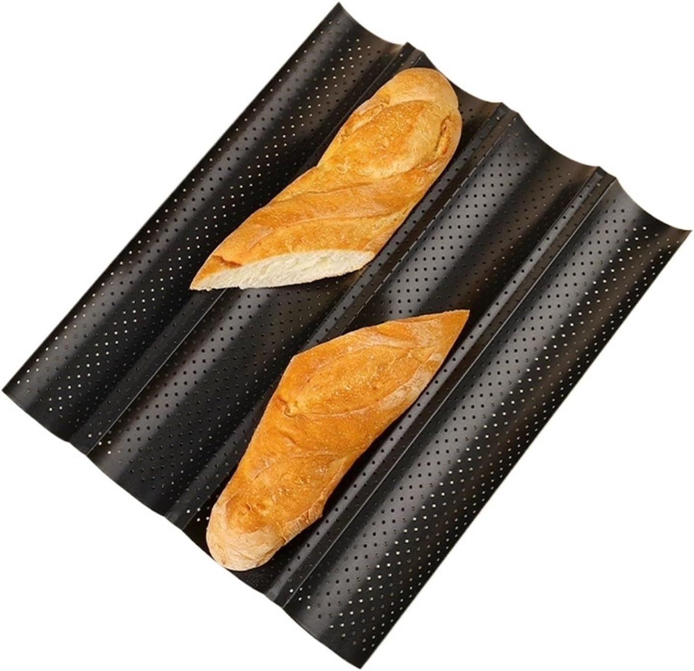 french bread baking pan Nonstick Perforated French Bread Baking Pan Carbon Steel Baguette 4 Wave Loaves Loaf Bake Mold(Black 4 slots)