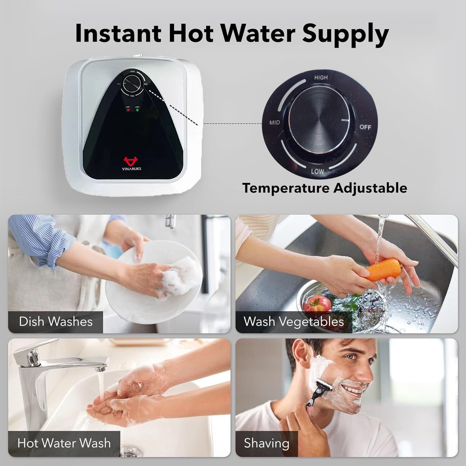 Electric on Demand 120V US Hot Water Heaters 10L Safty Plug Point of Use Boiler Wash Under Sink on with Digital Temperature Control Smart Control Upper-10L