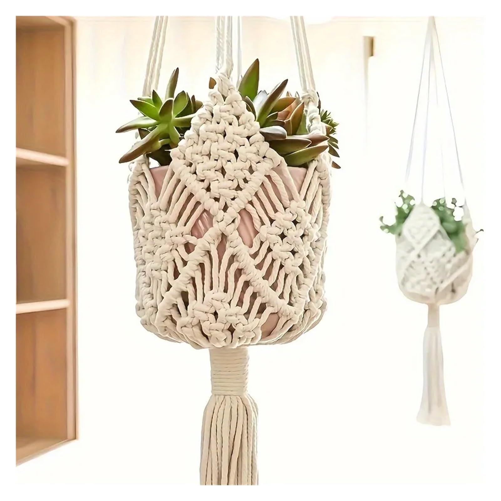 Appendini per Piante Macramè 1pc Macrame Plant Hanger for piante grasse appese for interni ed esterni Corda di cotone intrecciata Cestino appeso con custodia a rete(Black)