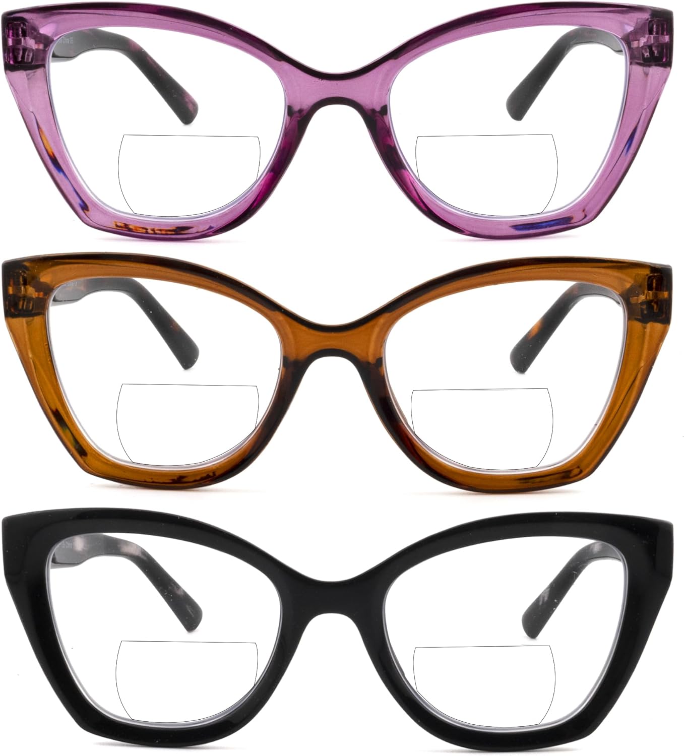 3 Pack Cat Eye Bifocal Reading Glasses for Women Stylish Blue Light Blocking Readers Dual Focal Clear Top Eyewear
