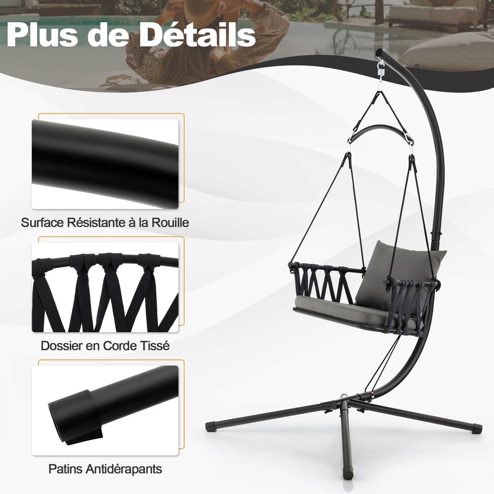 DREAMADE Chaise Suspendue Pliable avec Support Métallique,Balançoire avec Coussin&Oreiller&Dossier en Corde Tissée,Chaise Hamac Suspendue Intérieur Extérieur Charge de 150KG