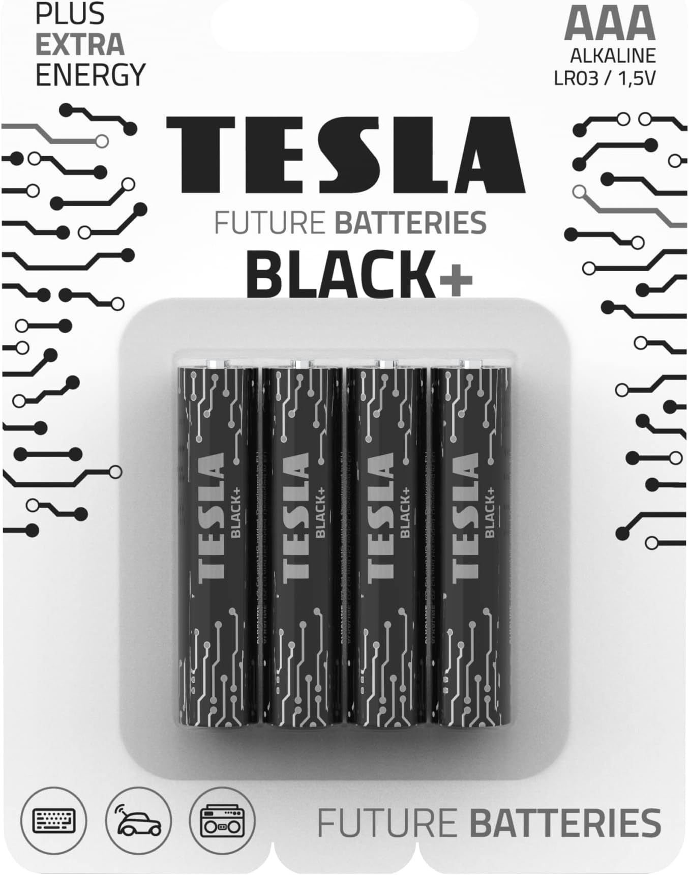 Tesla AAA Battery Black+ Alkaline - Plus Extra Energy Batteries Blister Foil LR03/1.5V Pack of 4