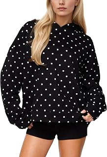 Womens Oversized Fleece Polka Dot Hoodie Long Sleeve Pullover Top | 2026 Fall Trend, Lightweight, Soft, Casual, Aesthetic, Graphic Print, Drop Shoulder Loose Fit Hooded Sweatshirt
