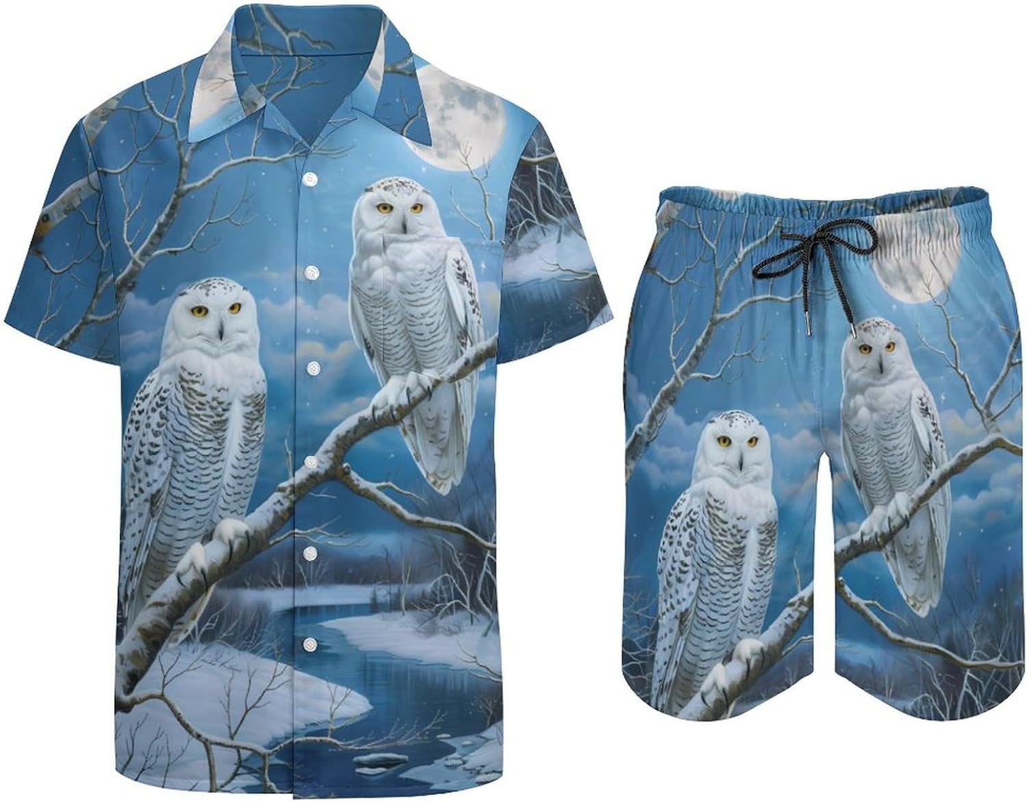 Snowy Wolf Full Moon Men's Summer Beach Outfits Shirt And Shorts Set 2 Piece Vacation Swimwear