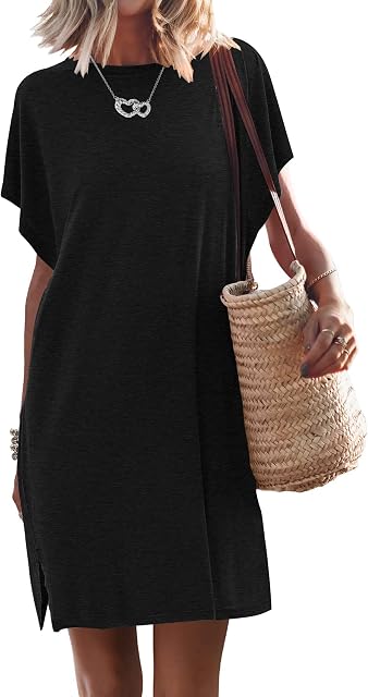 WNEEDU Summer Dress for Women 2026 Short Sleeve Loose T Shirt Dresses Beach Cover up
