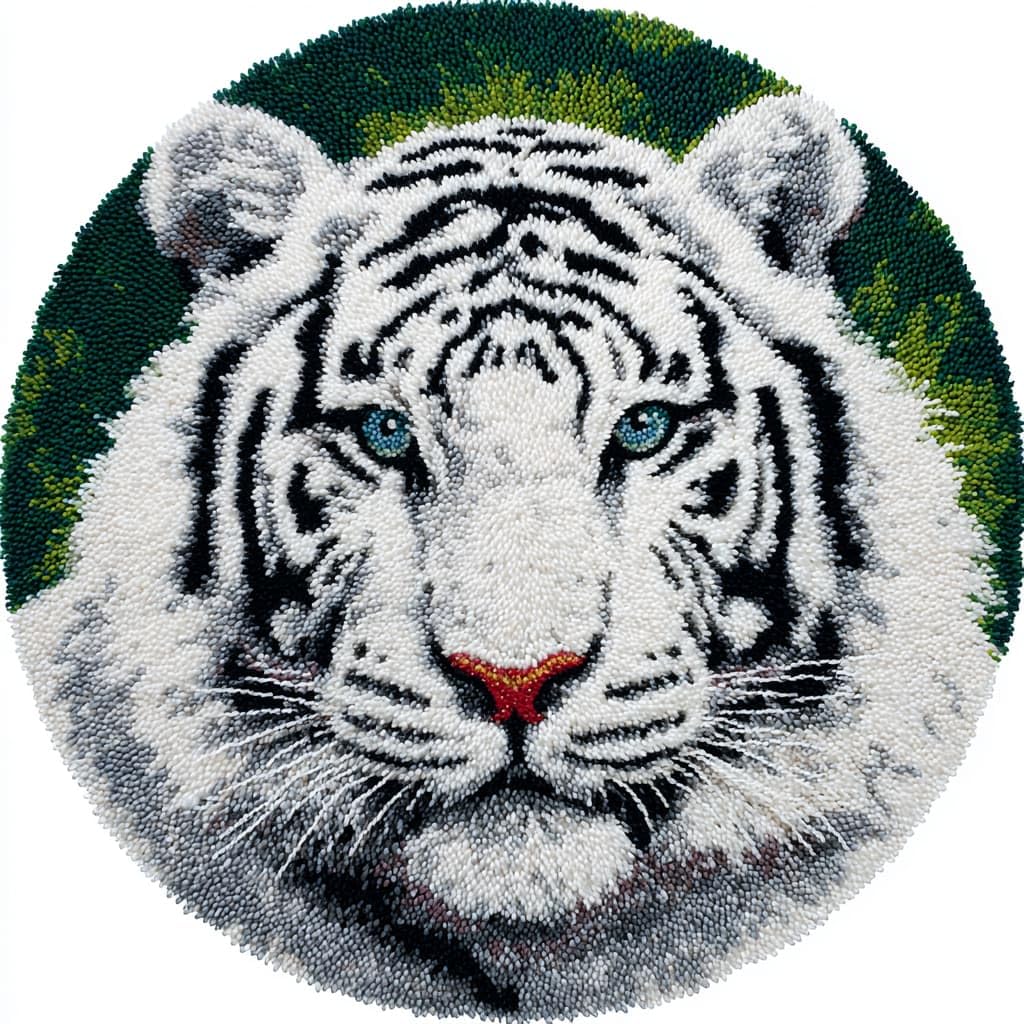 WallustrioaW DIY Latch Hook Rug Kits White Tiger Round Carpet Crochet Yarn Craft Rug Hook and Latch Tapestry for Home Decor 50x50cm
