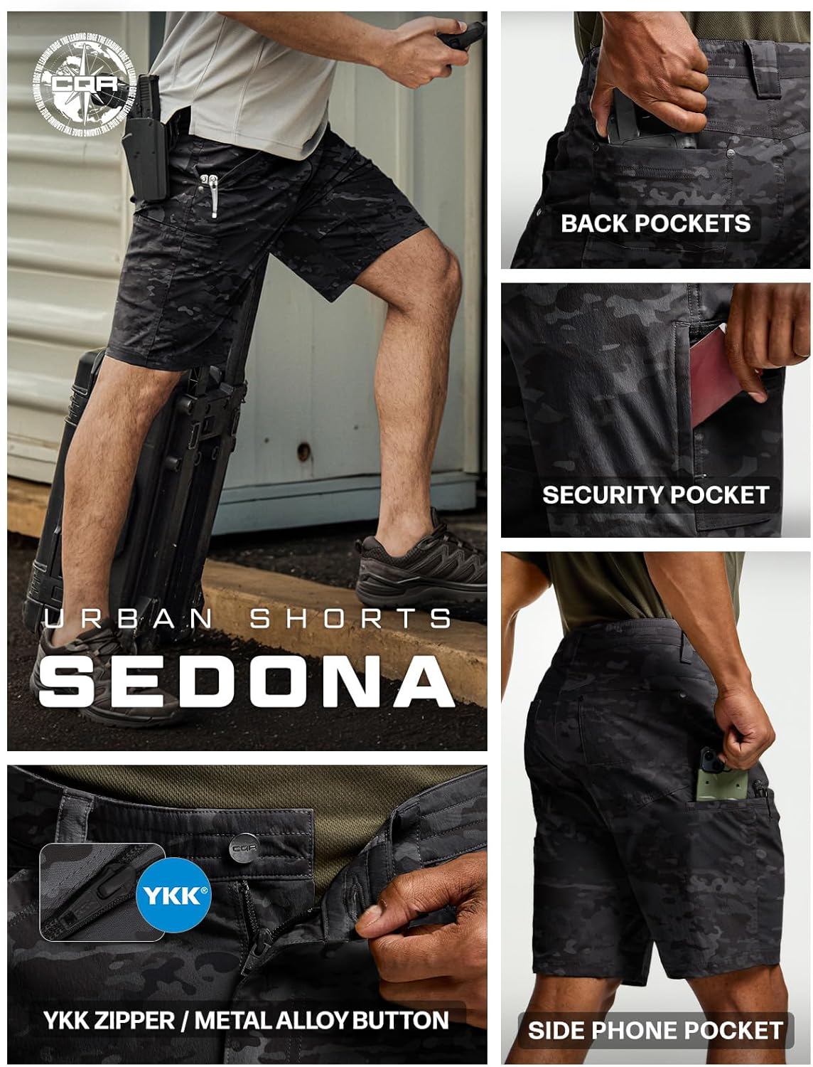 CQR Men's Stretch Utility Shorts, Lightweight Quick Dry Casual Shorts, Hiking Golf Cargo Shorts with Zipper Pockets